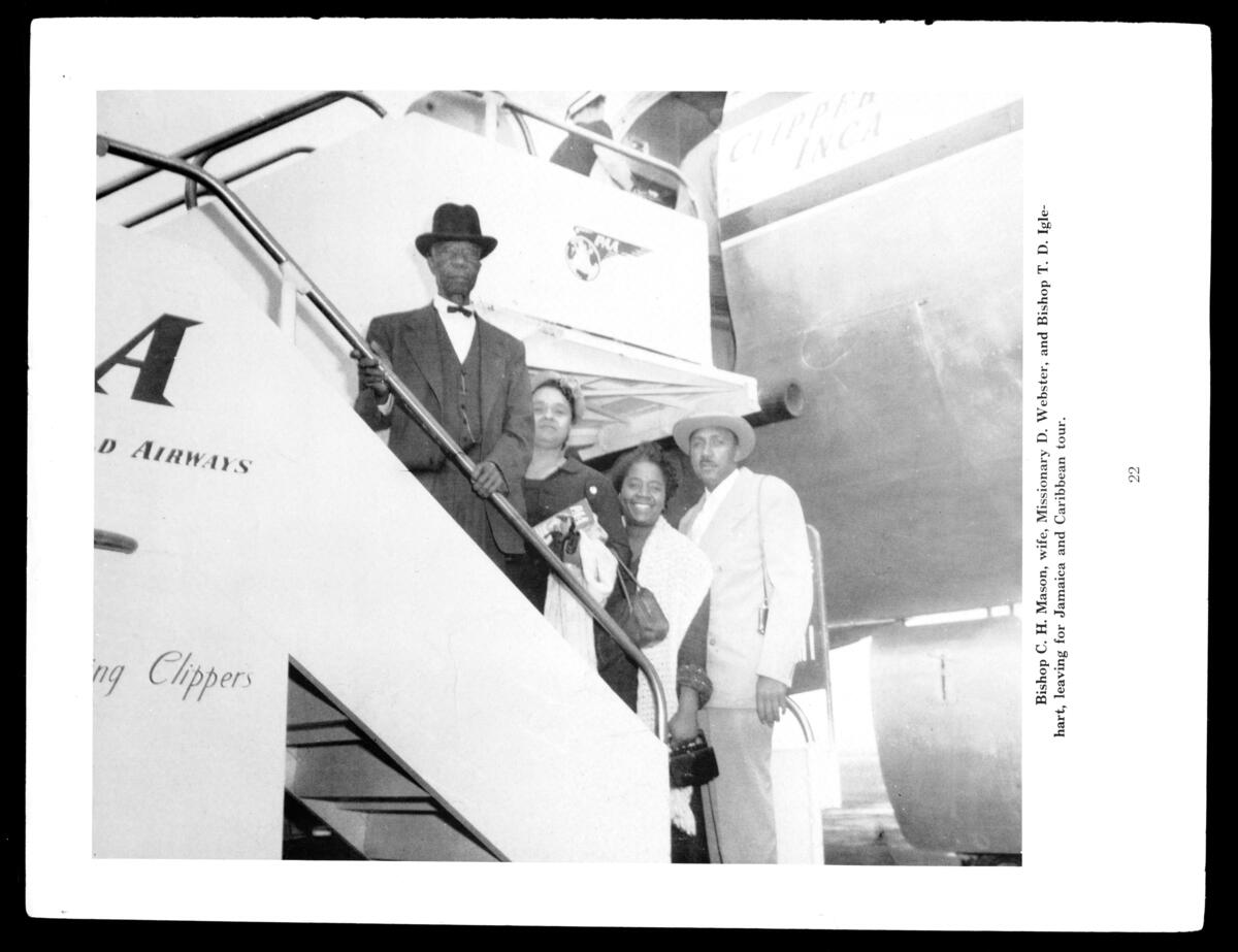 Archival book page showing Bishop C. H. Mason and COGIC leaders departing for a Jamaica and Caribbean tour.